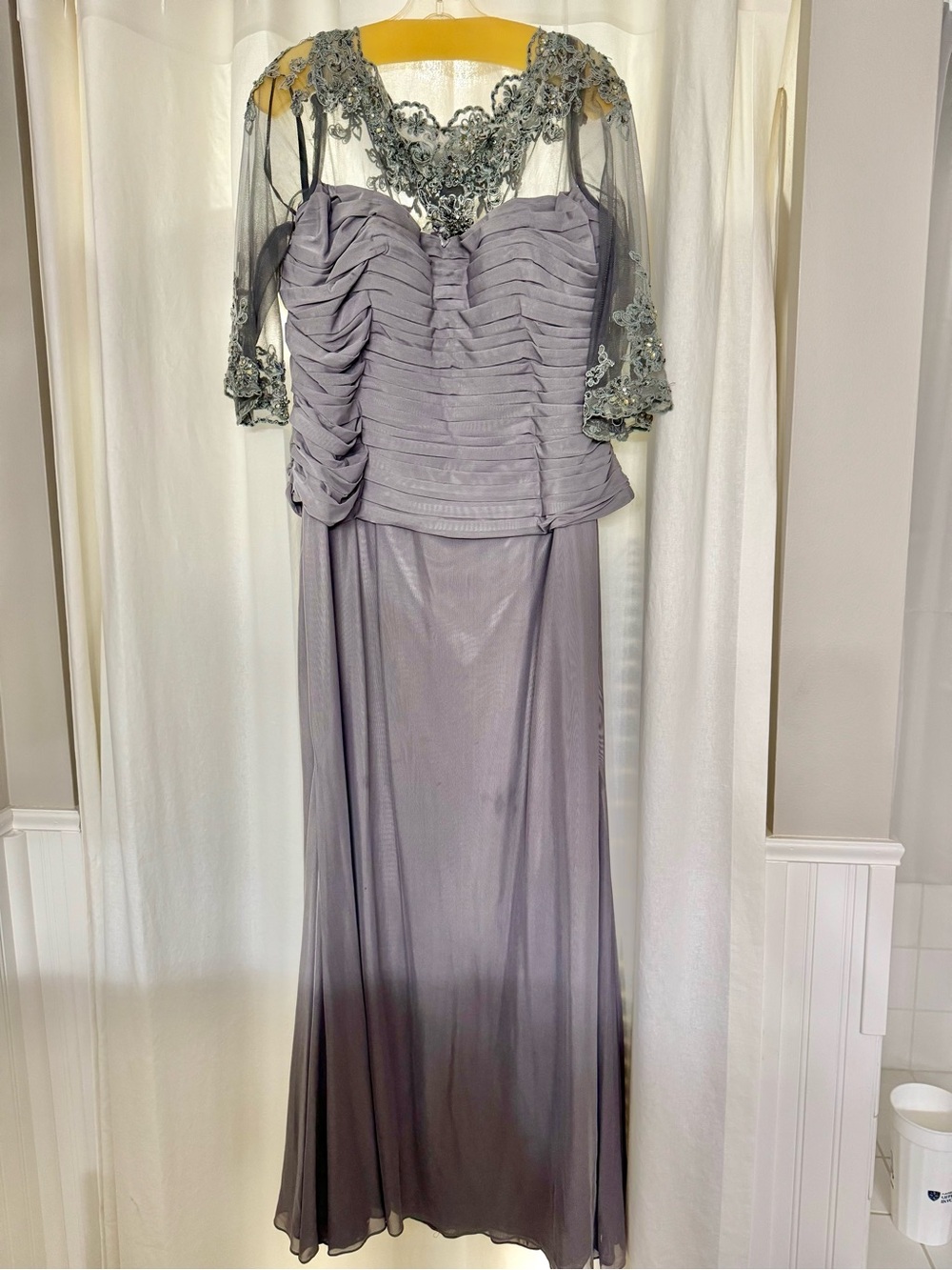 Montage by Mon Cheri Grey Ruched Gown with Lace Overlay